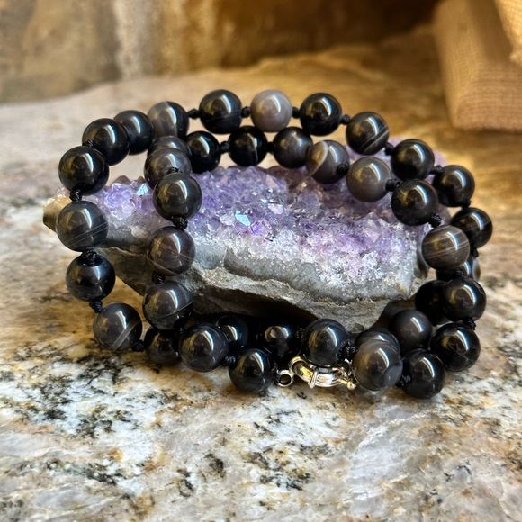 Natural Black Agate Stone Bead Necklace - Picture 6 of 10